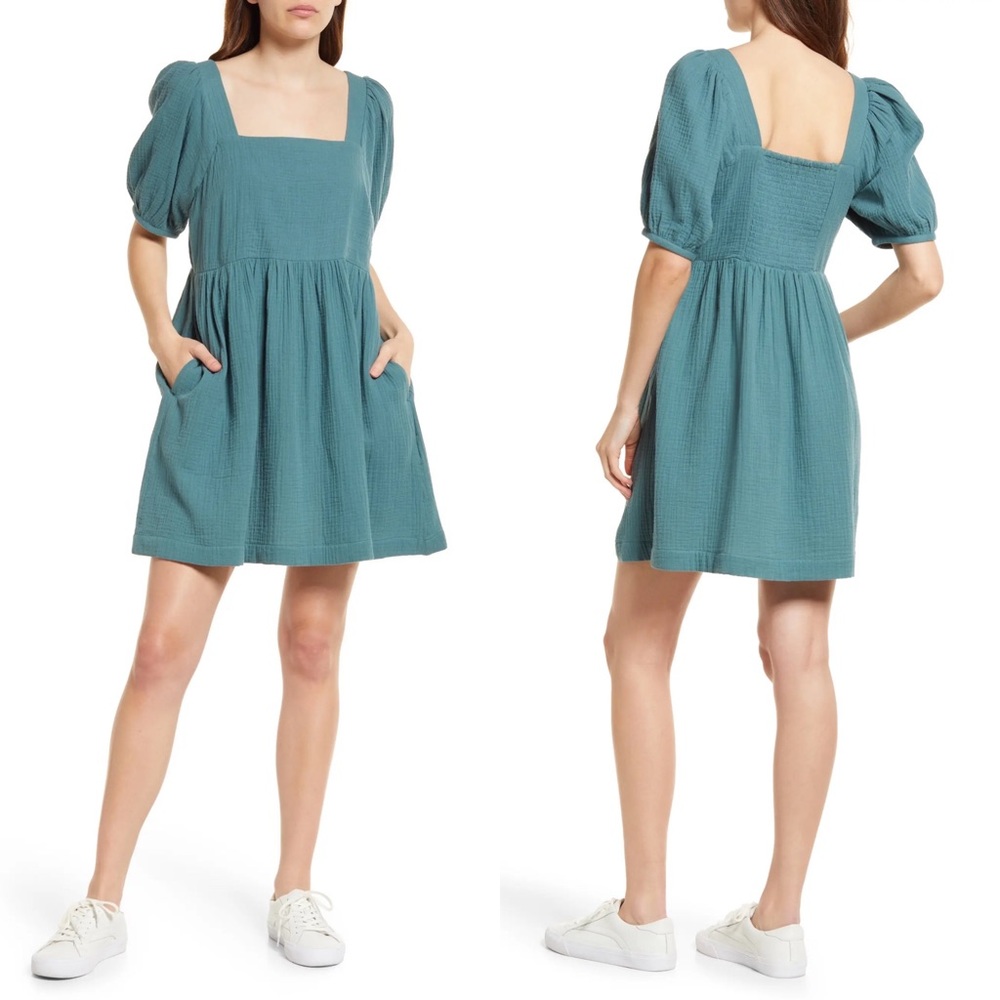 NWOT Madewell Lightspun Square-Neck Puff-Sleeve Dress